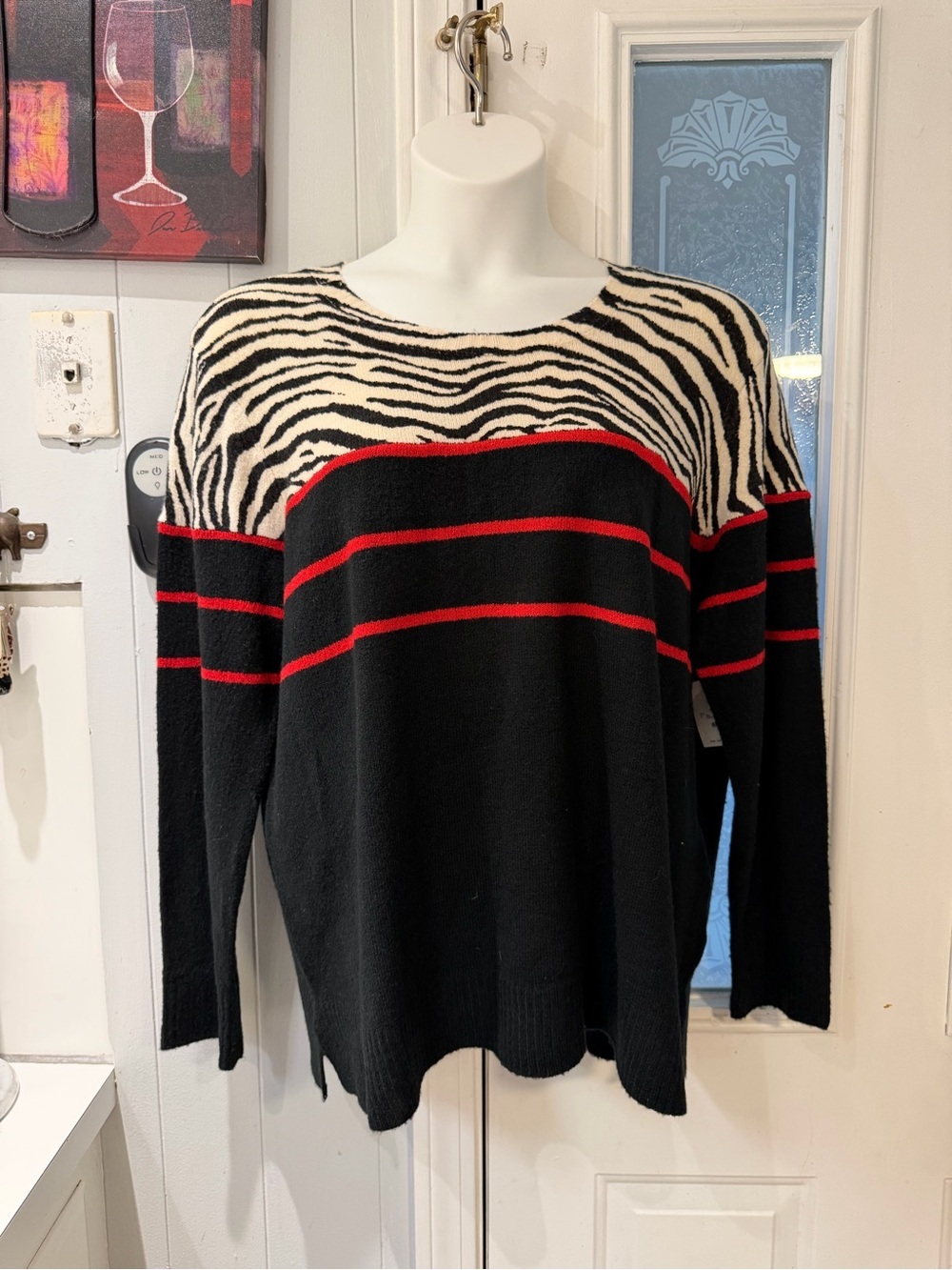 beachlunchlounge Black Sweater with Ivory Zebra Yoke and Red Stripes